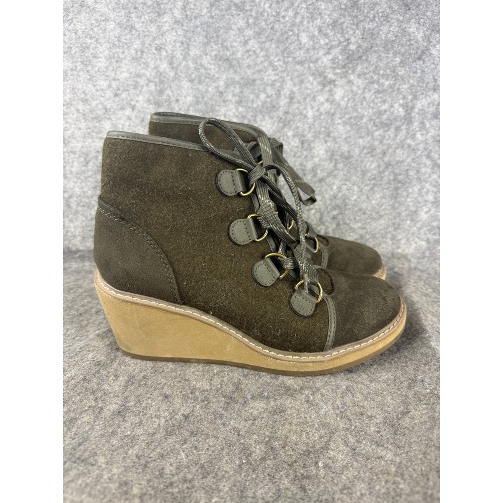 Merona Wedge Heel Ankle Wedge Boots Size 9 M Green Wool‎ blend Lace Up